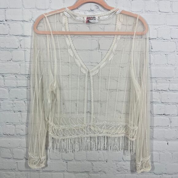Beaded Embroidered Sheer Blouse Size Small Cottage Fairy Transparent Cover Up - Picture 3 of 12